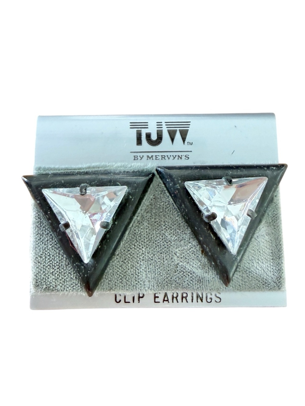 Vintage 80s TJW by Mervyn’s Geometric Triangle Rhinestone Clip Earrings NOS